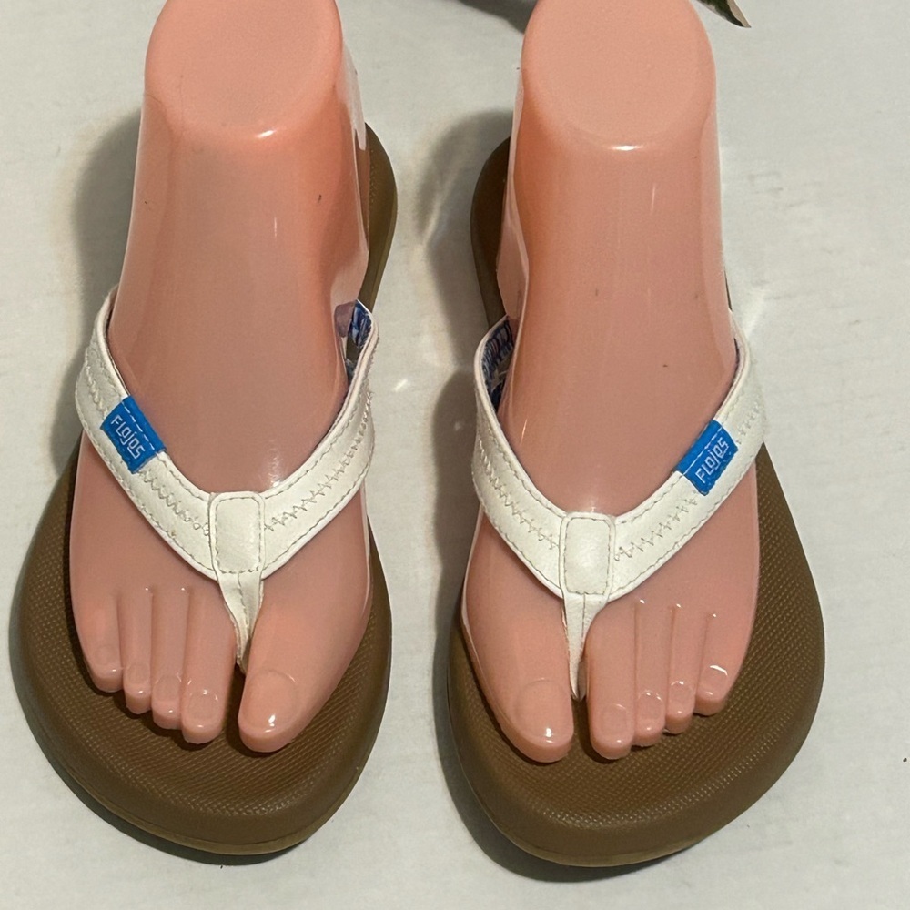 Flojos White and Brown Flip Flops with Blue Accent - Picture 2 of 7